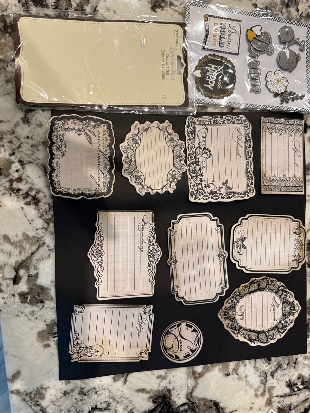 Vintage-Inspired Cream and Black Decorative Chipboard and stickers